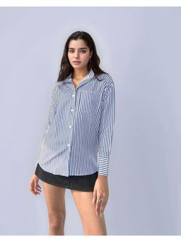 Outzidr - Blue Relaxed Striped Street Style Shirt
