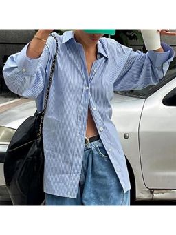 Outzidr - Blue Oversized Stripe Street Style Shirt With Back Detail