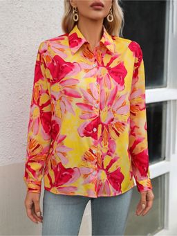 Outzidr - Pink Floral Print Street Style Shirt