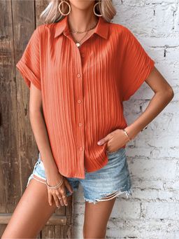 Outzidr - Orange Realxed Half Sleeve Street Style Shirt
