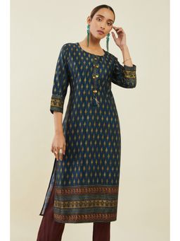 Soch - Navy Blue Satin Printed Kurta With Embellishments And Gota Patti