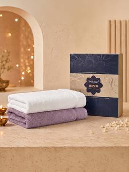 Welspun - Riva White and Lilac Solid 100% Cotton 400 Gsm Bath Towels(Set Of 2)