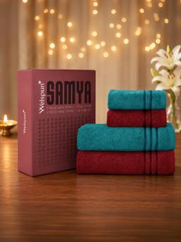 Welspun - Samya Maroon and Dark Teal Cotton 420 GSM 2 Bath Towels and 2 Hand Towels