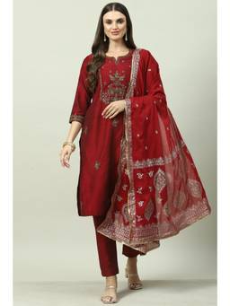 Biba - Maroon Embroidered Suit (Set of 3)