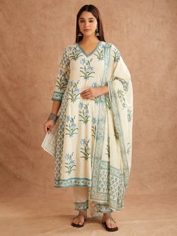 SHAABA CLOTHING - Off-White Blue Hand Block Printed Cotton V-Neck Kurta with Pant and Dupatta