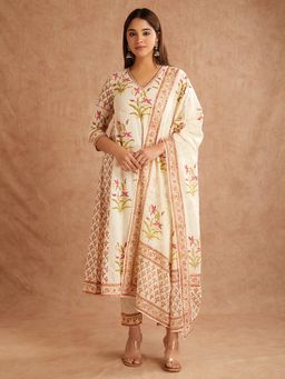 SHAABA CLOTHING - Off-White Pink Hand Block Printed Cotton V-Neck Kurta with Pant and Dupatta