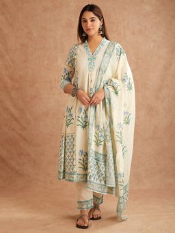 SHAABA CLOTHING - Off-White Blue Hand Block Printed Cotton V-Neck Kurta with Pant and Dupatta