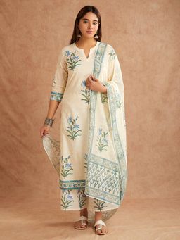 SHAABA CLOTHING - Off-White Blue Hand Block Print Cotton Kurta with Pant and Dupatta