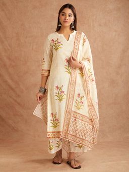 SHAABA CLOTHING - Off-White Pink Hand Block Print Cotton Kurta with Palazzo and Dupatta