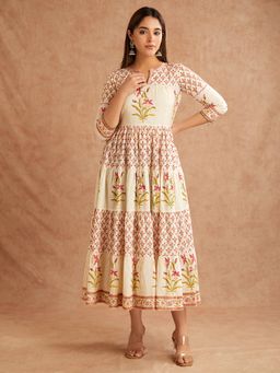 SHAABA CLOTHING - Off-White Pink Hand Block Printed Cotton Round Neck Dress-XS