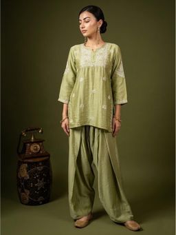 The Chikan Label - Dhanvi Pista Green Chanderi Chikankari Kurta Farshi Salwar Set
