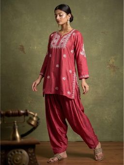 The Chikan Label - Dhanvi Rani Pink Chanderi Chikankari Kurta Farshi Salwar Set