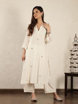 Spring Soul - Off- White Mirror Work A-Line Kali Chanderi Suit