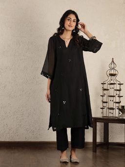 Spring Soul - Black Mirror Work A-Line Kali Chanderi Suit