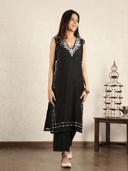 Spring Soul - Black Mirror Work Embroidered Chanderi Suit