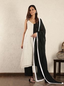 Spring Soul - Black and White Colorblock Chanderi Suit Set with Dupatta
