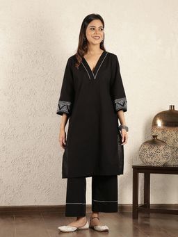 Spring Soul - Black Kantha Embroidered Cotton Linen Suit