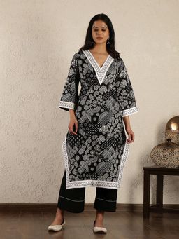 Spring Soul - Black Hand Embroidered Printed Cotton Suit Set