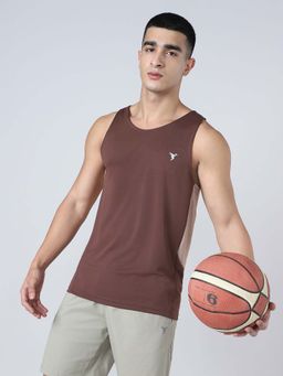 Technosport - Men Solid Slim Fit Round Neck Sports Brown Tank