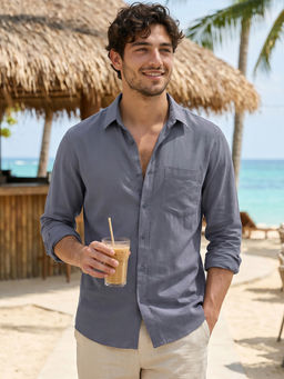 Bewakoof - Men's Dark Grey Cotton Linen Shirt