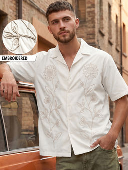 Bewakoof - Men White Embroidered Oversized Shirt