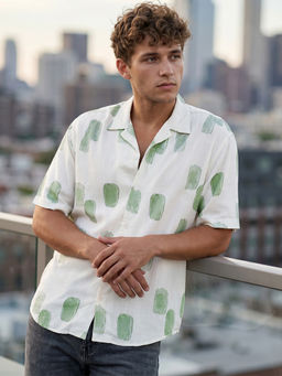 Bewakoof - Men Off White and Green All Over Printed Oversized Shirt