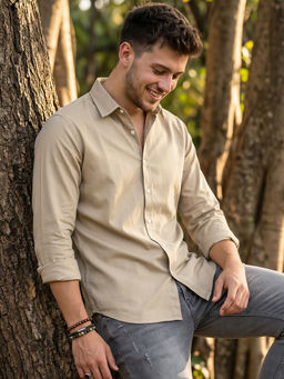 Bewakoof - Men Beige Solid Regular Fit Shirt
