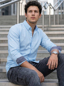Bewakoof - Blue Solid Plain Pure Cotton Shirt