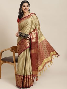 ISHIN - Womens Cotton Blend Beige & Maroon Woven Banarasi Saree with Unstitched Blouse