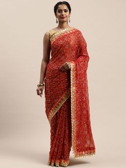 Vastranand - Maroon & Yellow Printed Bandhani Saree with Unstitched Blouse