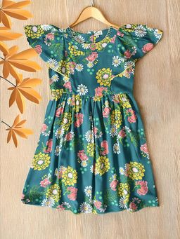 Bella Moda - Green Cotton Printed Knee Length Dress