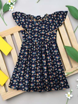 Bella Moda - Navy Blue Cotton Printed Knee Length Dress