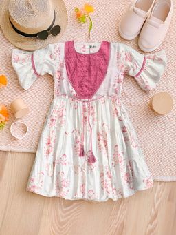 Bella Moda - White Cotton Printed Knee Length Dress with Belt (Set of 2)