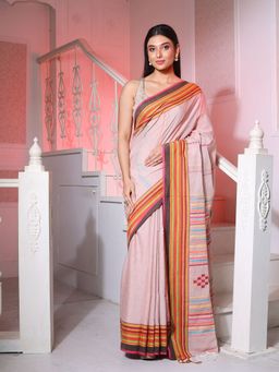 CHARUKRITI - Light Pink Cotton Handspun Handwoven Saree with Stripes Pattern with Unstitched Blouse