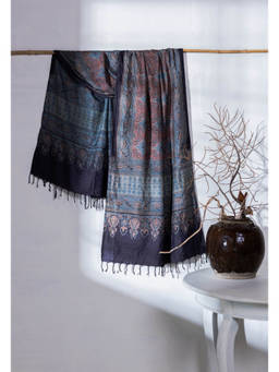 VASTRA RAAG - Navy Blue Ajrakh Hand Block Printed Handloom Pure Tussar Silk Stole