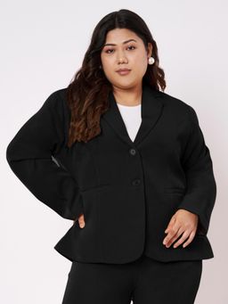 BRINNS - Womens Black Plus Size Notched Lapel Long Sleeves Single Breasted Formal Blazer
