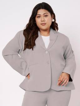 BRINNS - Womens Grey Plus Size Notched Lapel Long Sleeves Single Breasted Formal Blazer