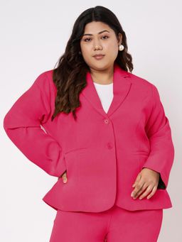 BRINNS - Womens Pink Plus Size Notched Lapel Long Sleeves Single Breasted Formal Blazer
