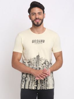 Selfusion - Cream Cotton Lycra Cityscape Bottom Graphic Printed T-Shirt