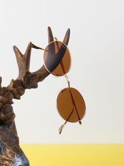 TED SMITH - Unisex Metal Oval Gold Brown Sunglasses With UV Protected Lenses