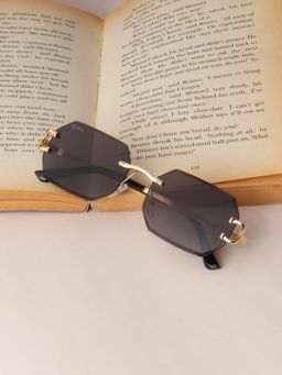 TED SMITH - Unisex Rimless Octagon Gold Black Sunglasses With UV Protected Lenses