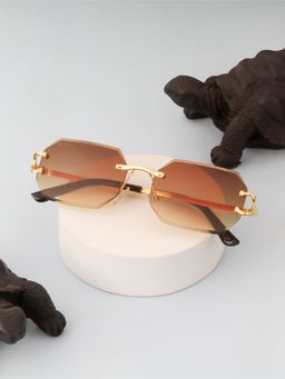 TED SMITH - Unisex Rimless Octagon Gold Brown Sunglasses