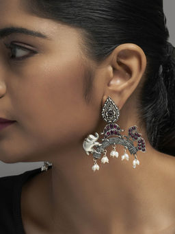 Divas Mantra - HA-PEA Balance Elephant Peacock Motifs Earrings with Pink Spinel Stonesa and Pearls