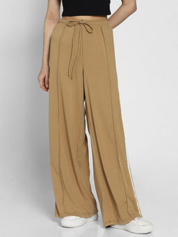 American Eagle - Women Beige Stretch High-Waisted Wide-Leg Trackpant