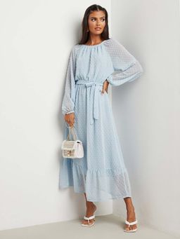 Styli - Blue Dobby Spot A-line Midi Dress With Self Tie