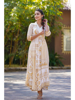 Juniper - Mustard Printed Rayon Lacy Maxi Dress with Mirror Embroidered Neckline & Tassels At Waist