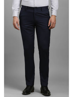 Louis Philippe - Men Navy Blue Slim Fit Textured Flat Front Formal Trousers