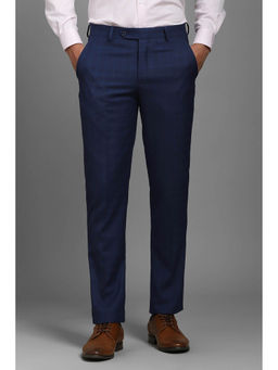 Louis Philippe - Men Blue Slim Fit Check Flat Front Formal Trousers