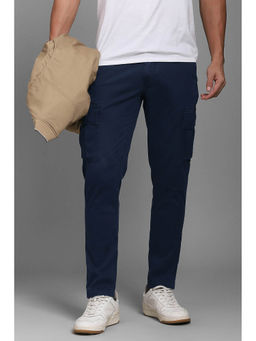 Louis Philippe - Men Navy Blue Slim Tapered Fit Solid Flat Front Casual Trousers