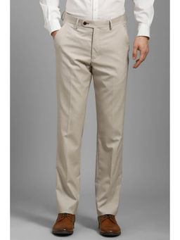 Louis Philippe - Men Beige Slim Fit Textured Flat Front Formal Trousers